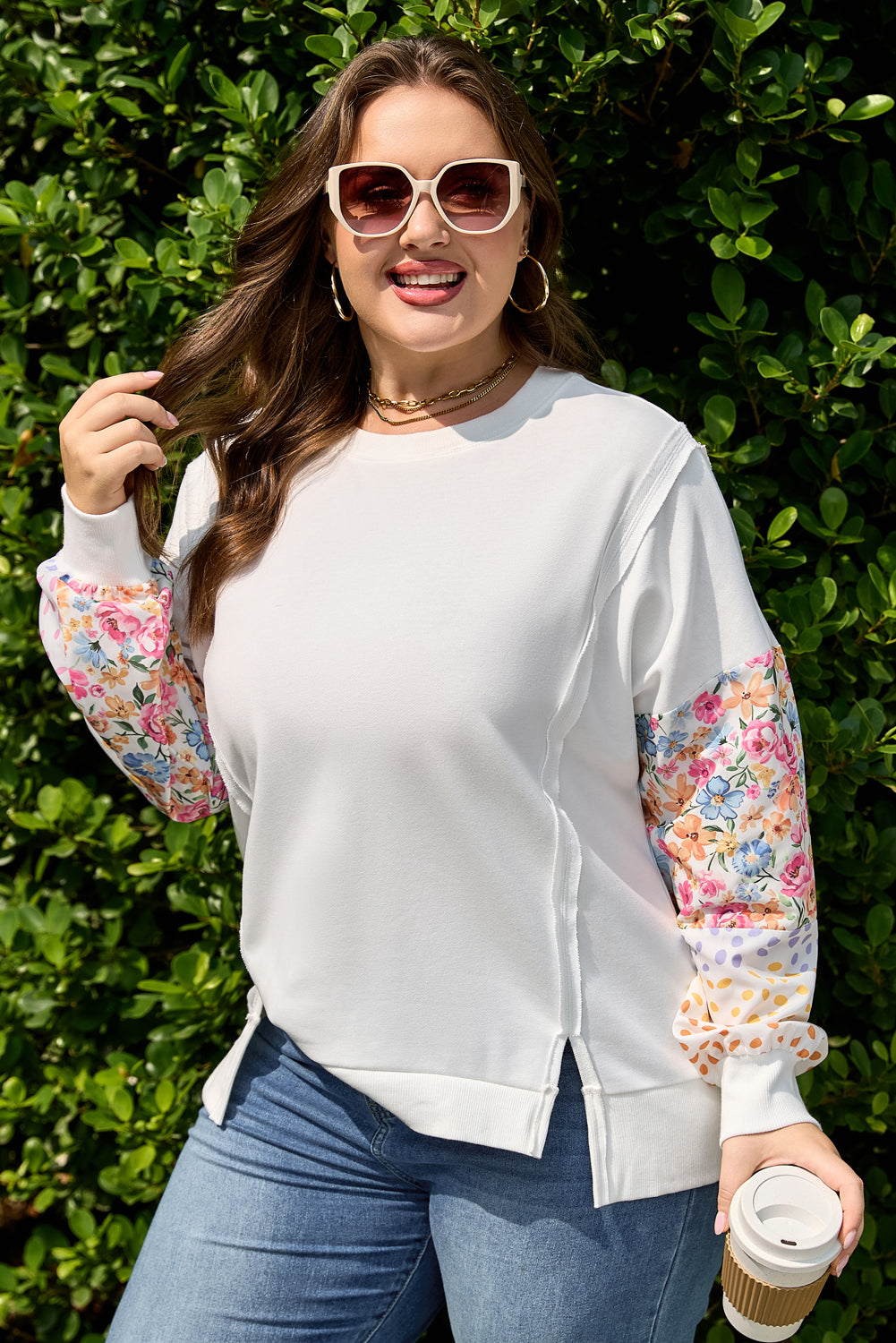 Plus Size White Exposed Seam Sweatshirt With Contrast Dot Floral Patchwork Sleeves