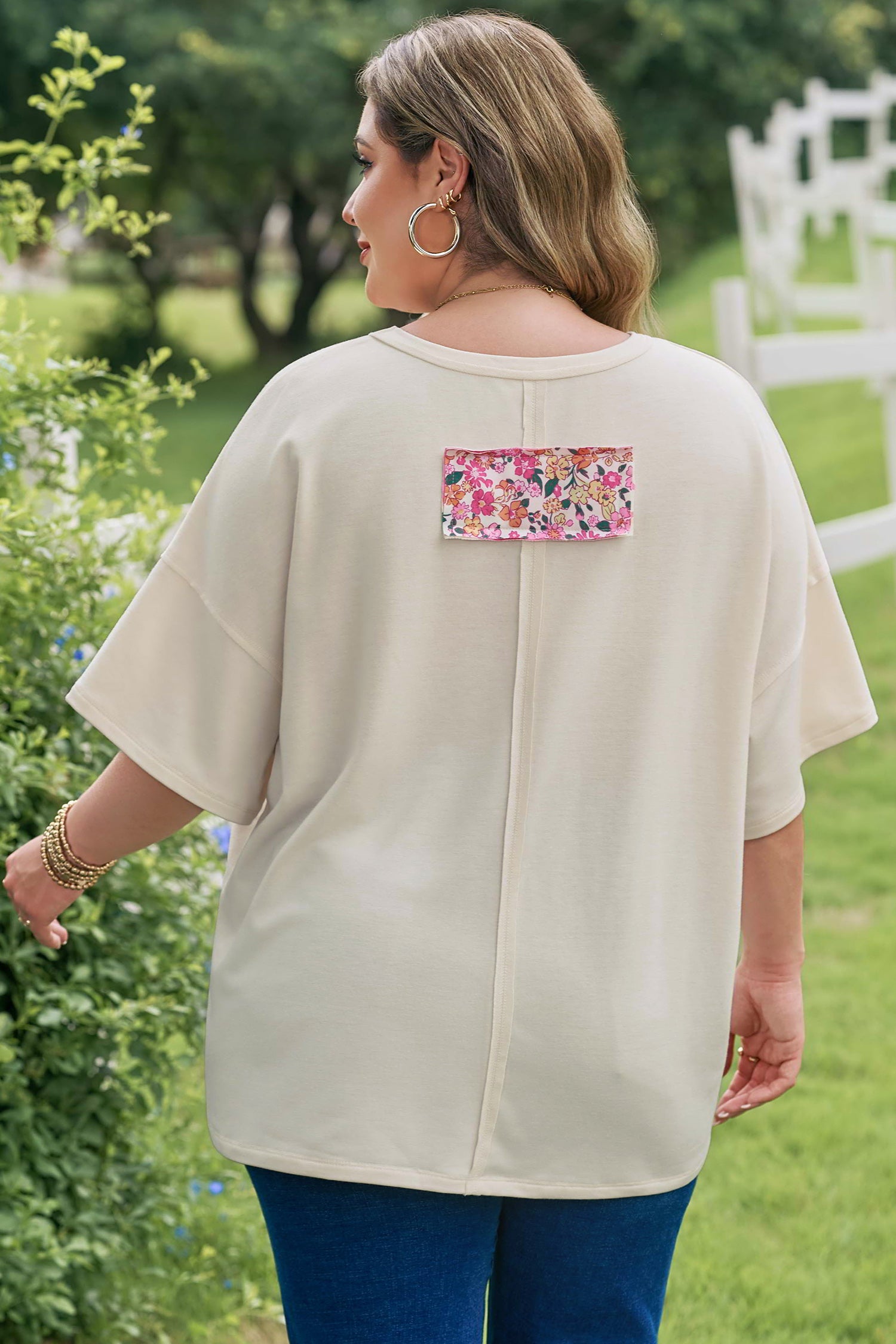 Plus Size Big Flower Patched Tunic Tee