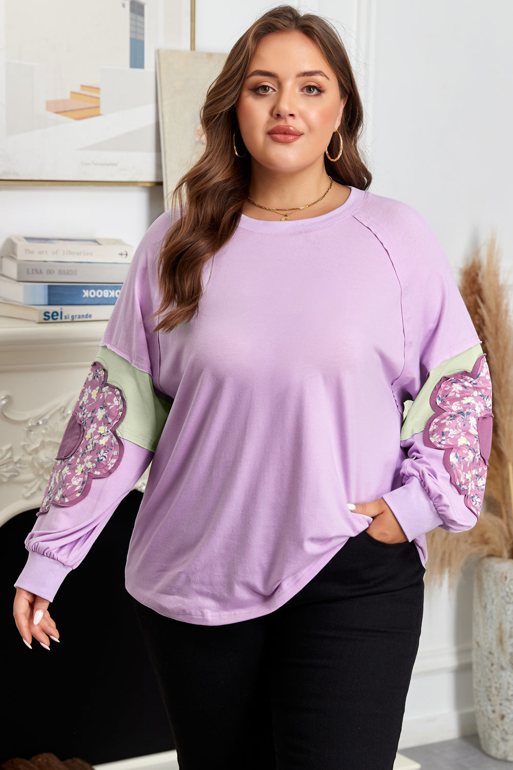 Plus Size Purple Flower Patch Colorblock Pullover Top