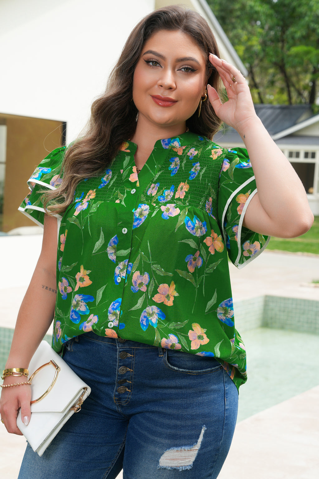 Plus Size Green Floral Short Sleeve Ruffled Top