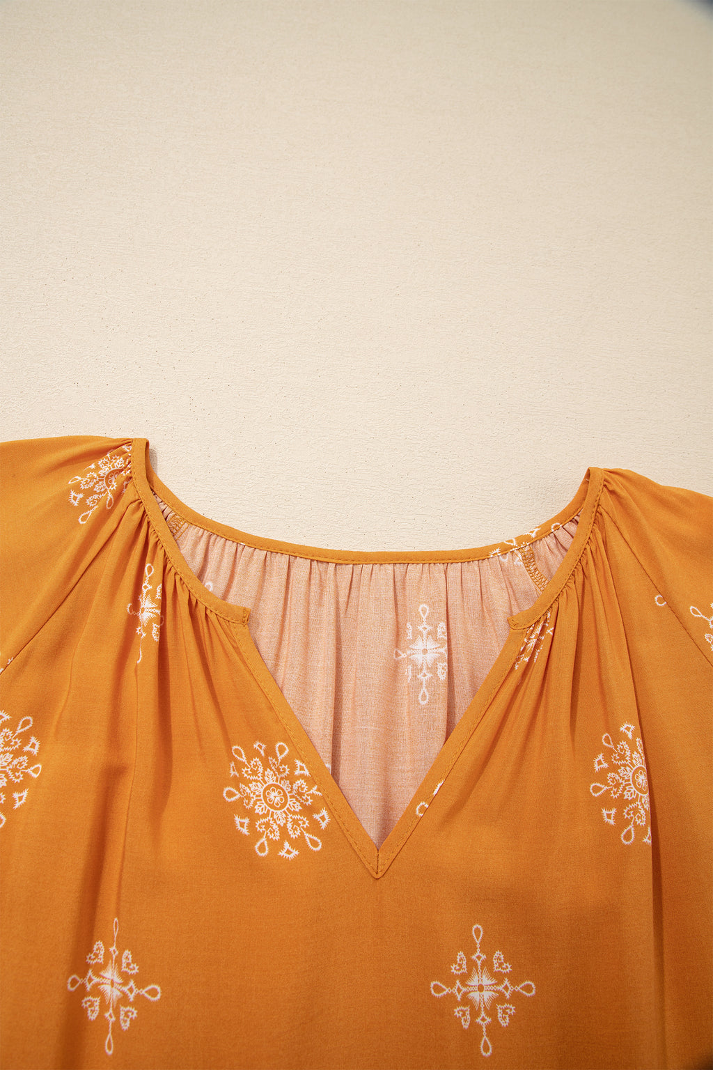 Plus Size Yellow Boho Chic V-Neck Floral Short Sleeve Top
