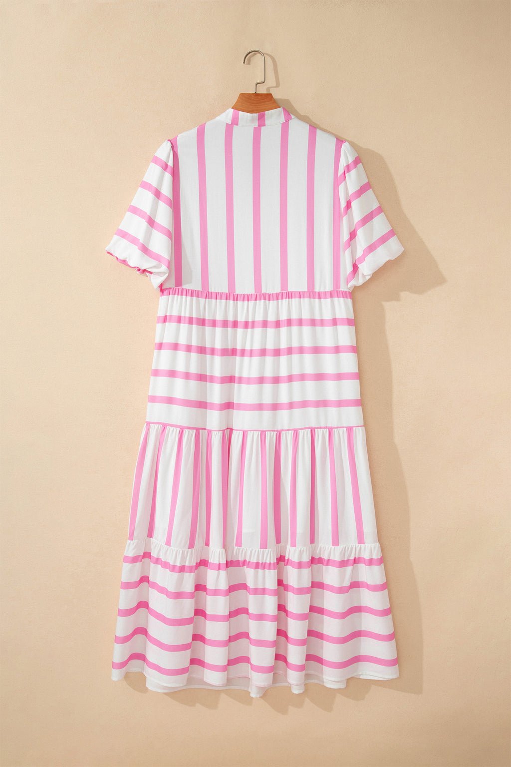 Plus Size Pink Stripe Tiered Maxi Dress With V Neck & Short Puff Sleeves