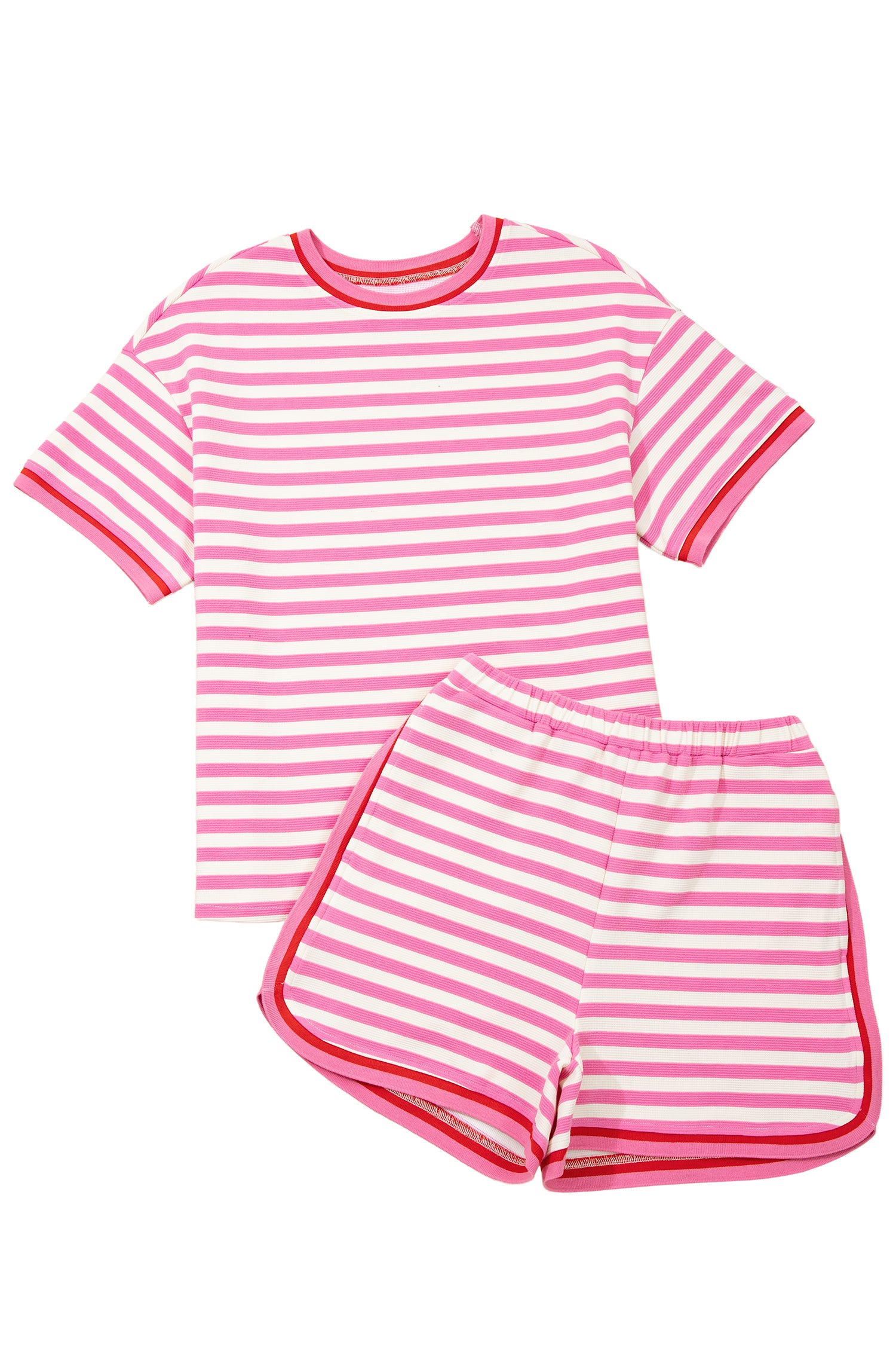 Pink Stripe Short Sleeve Top & Loose Shorts 2pcs Casual Outfit