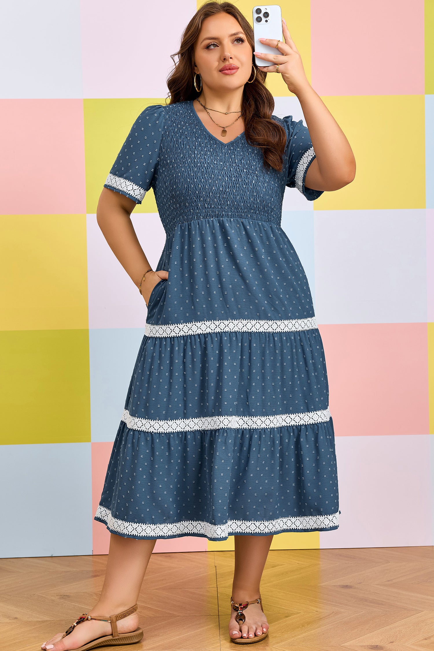 Plus Size Dusk Blue V-Neck Flared Midi Dress With Swiss Dot & Lace Patchwork Detail