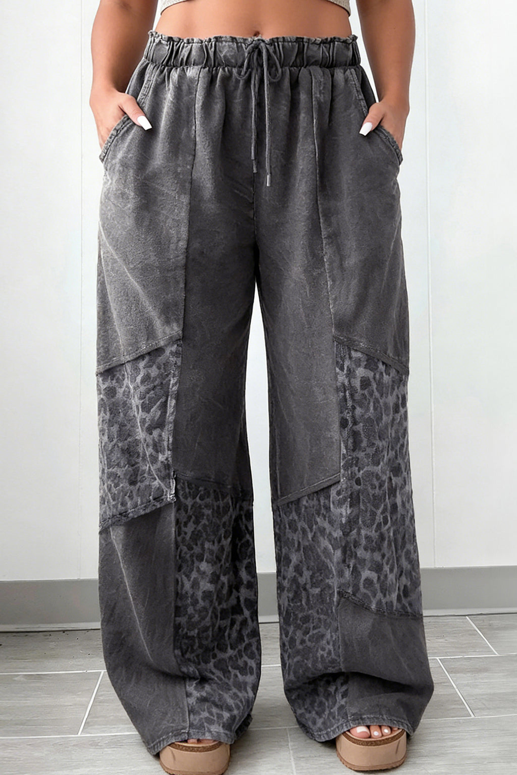 Plus Size Dark Grey Leopard Patchwork Wide Leg Mineral Wash Pants