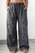 Plus Size Dark Grey Leopard Patchwork Wide Leg Mineral Wash Pants