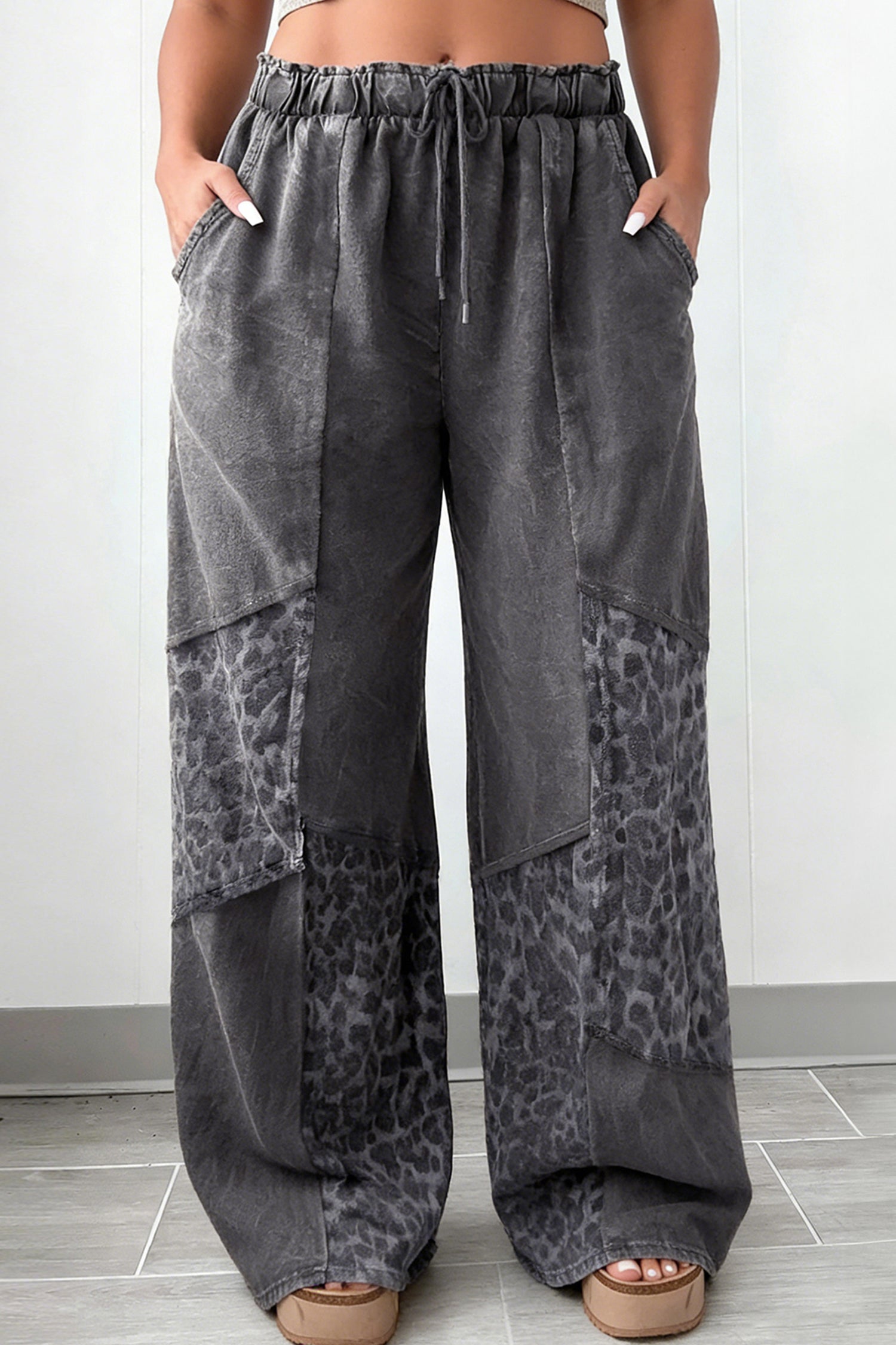 Plus Size Dark Grey Leopard Patchwork Wide Leg Mineral Wash Pants