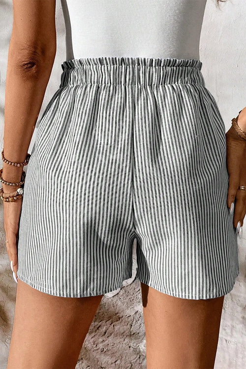 Gray Stripe Casual Pocketed Shorts With Lace-up Elastic Waist