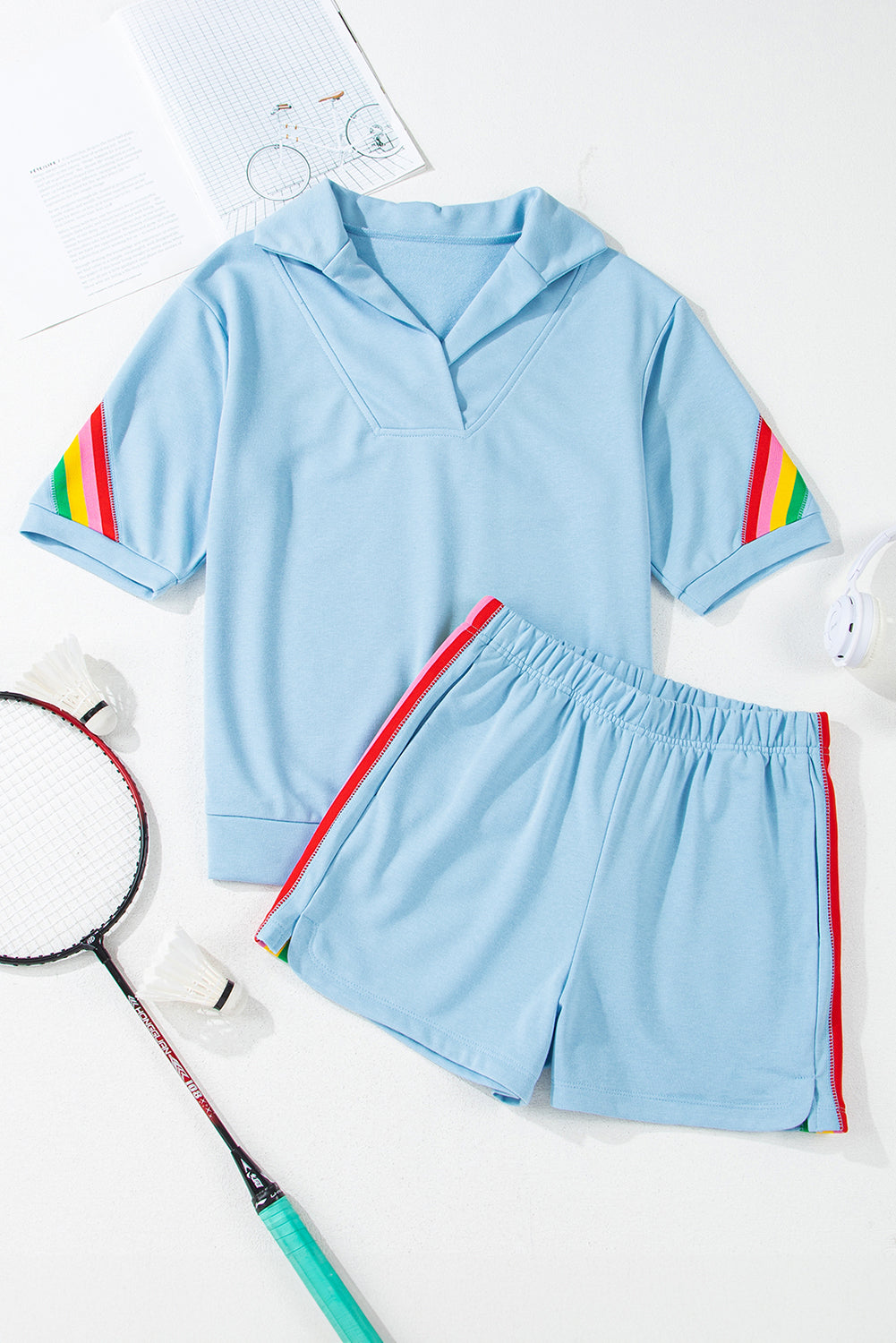 Sky Blue Rainbow Color-block 2 Piece Shorts Set