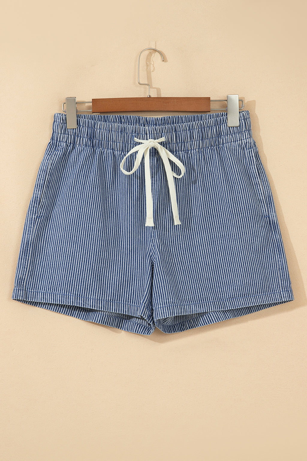 Blue Stripe Casual Denim Shorts With Drawstring Elastic Waist