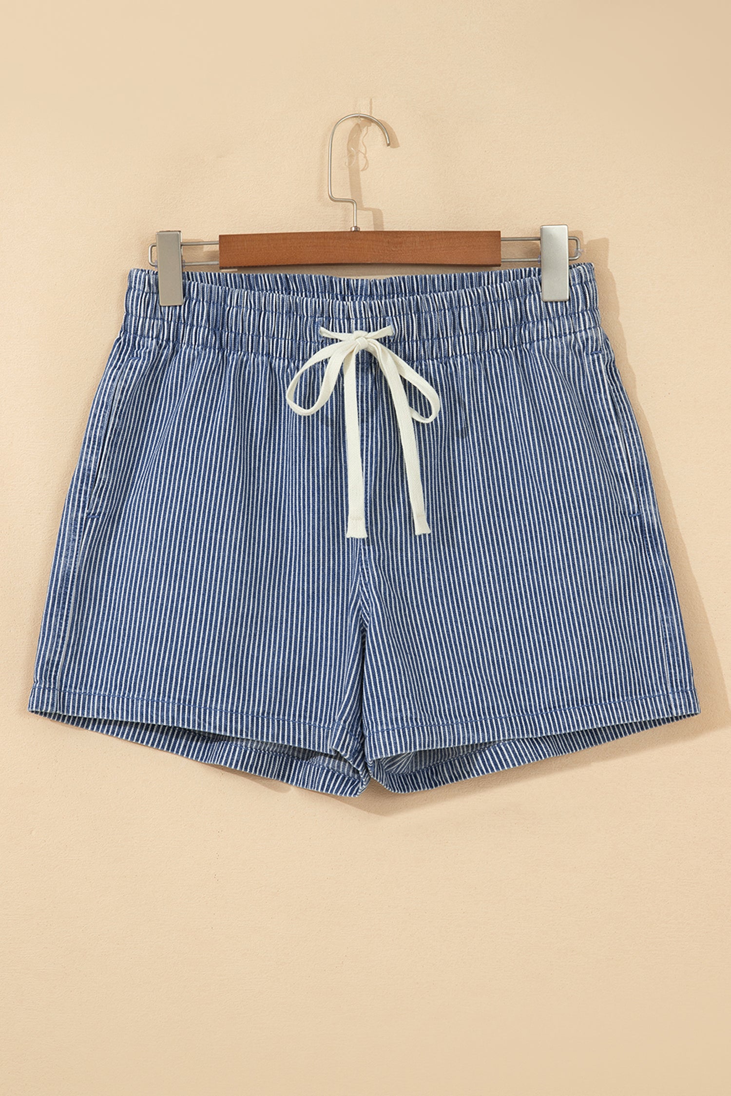 Blue Stripe Casual Denim Shorts With Drawstring Elastic Waist
