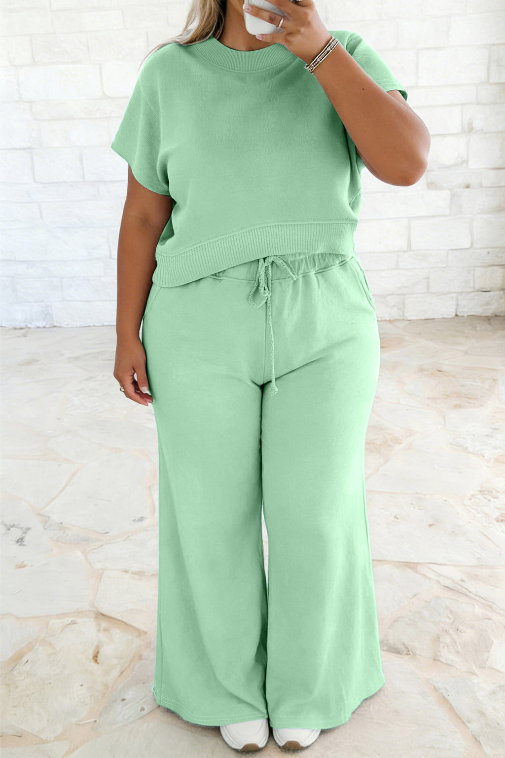 Plus Size Aqua Ribbed Trim Short Sleeve Top & Drawstring Loose Pants 2pcs Outfit