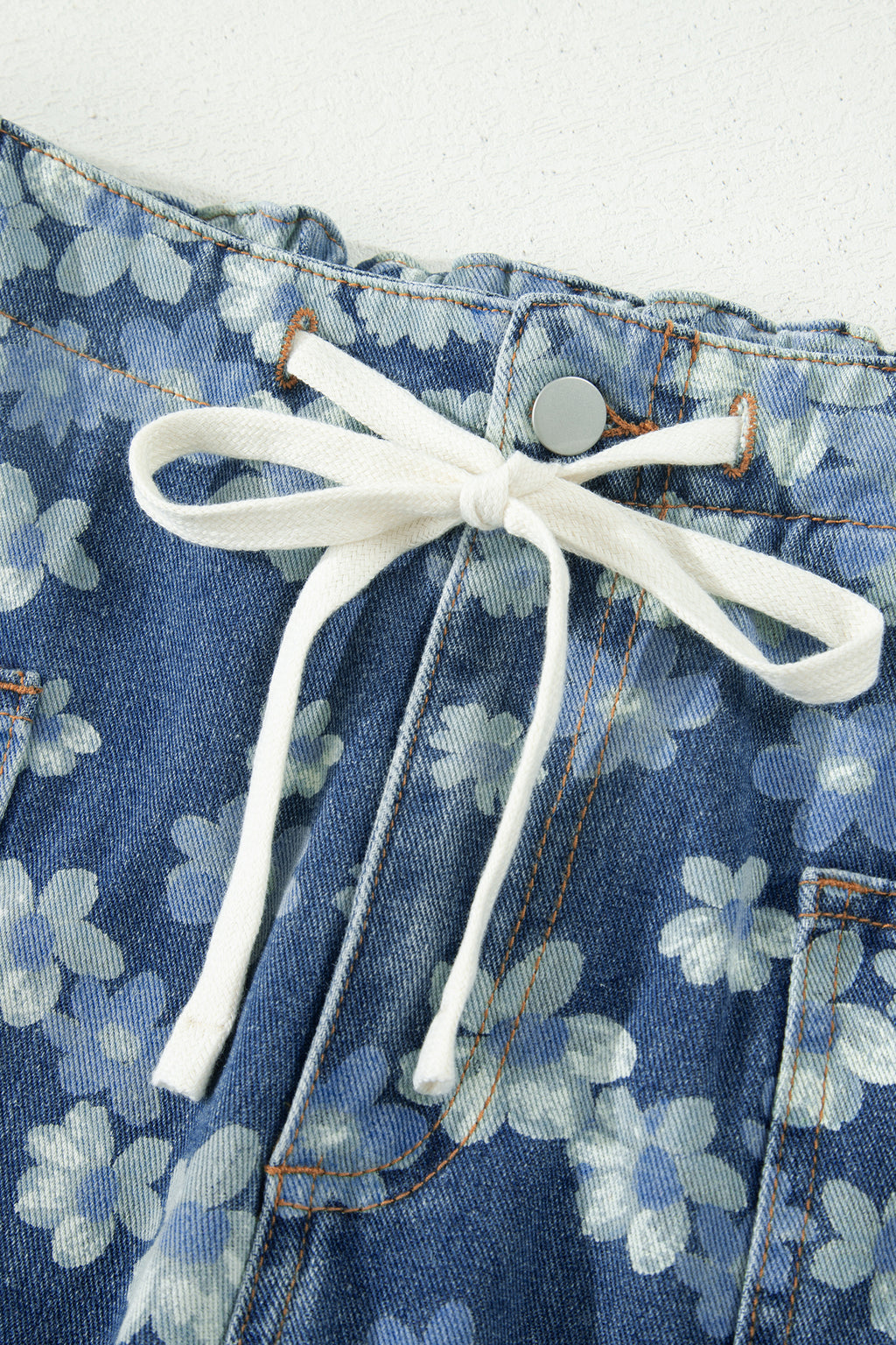 Sky Blue Dainty Floral Print Drawstring Barrel Jeans