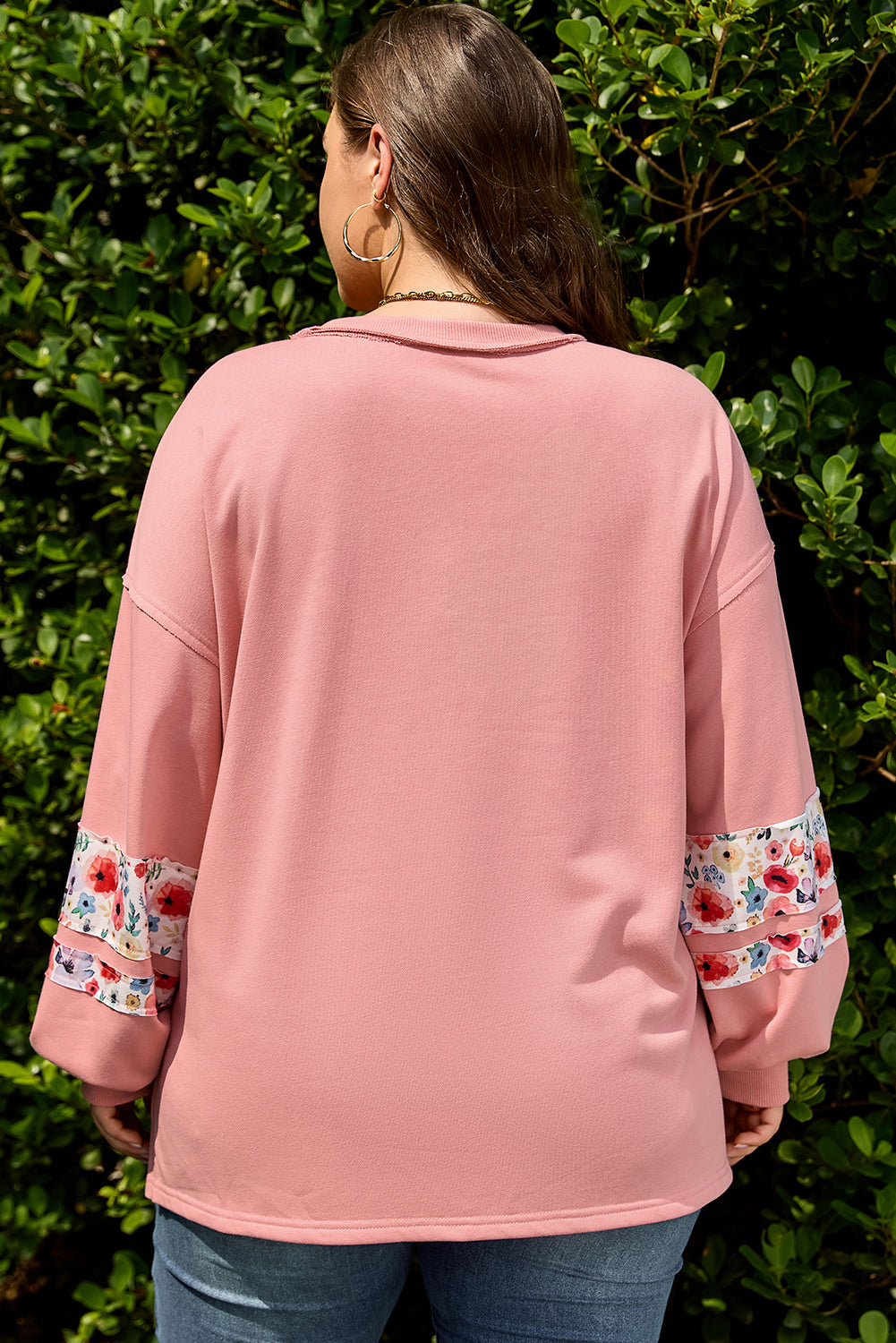 Plus Size Peach With Floral Applique Drop Shoulder Sweatshirt
