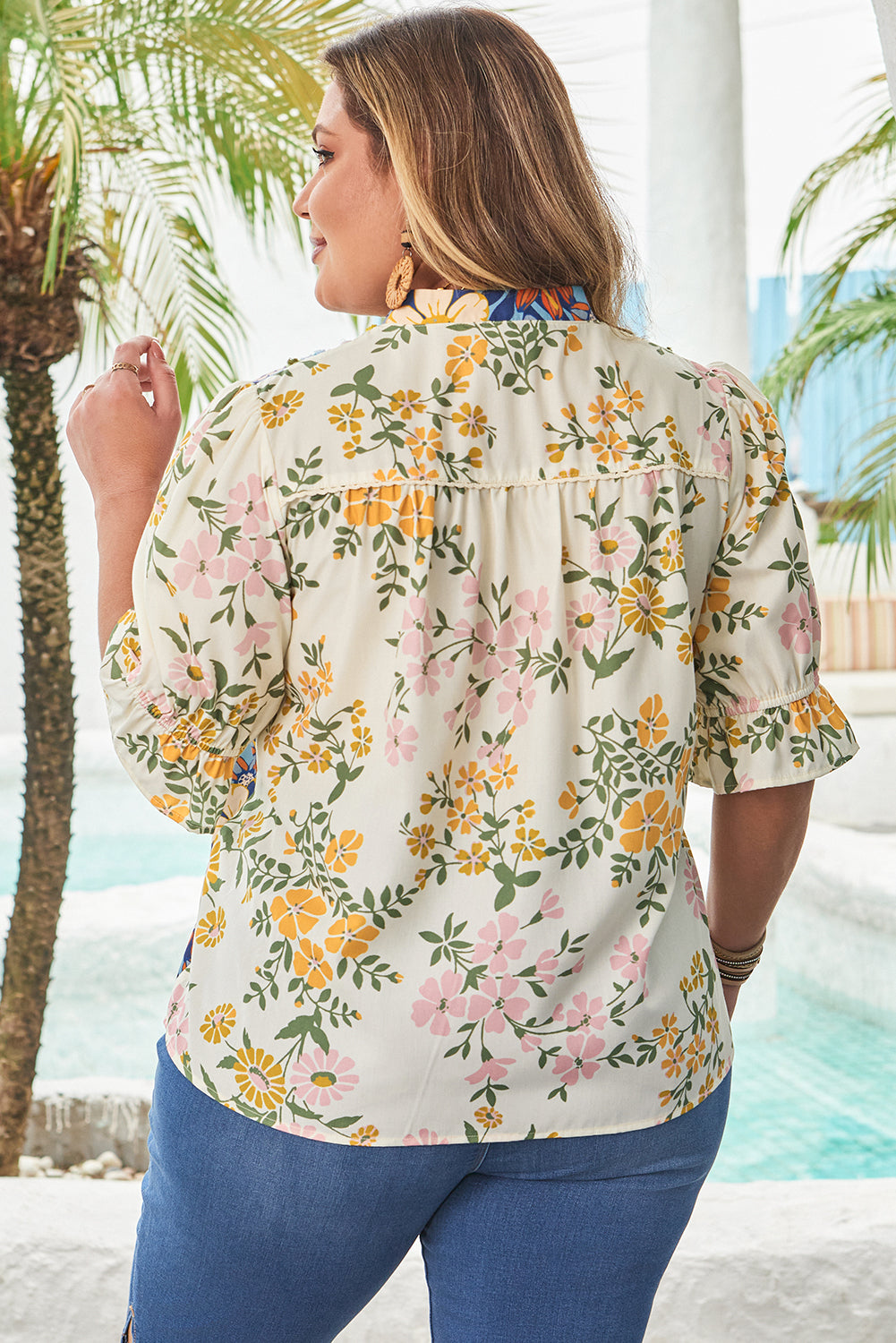 Plus Size Multicolor Floral Print Woven V-Neck Blouse With Half Sleeve