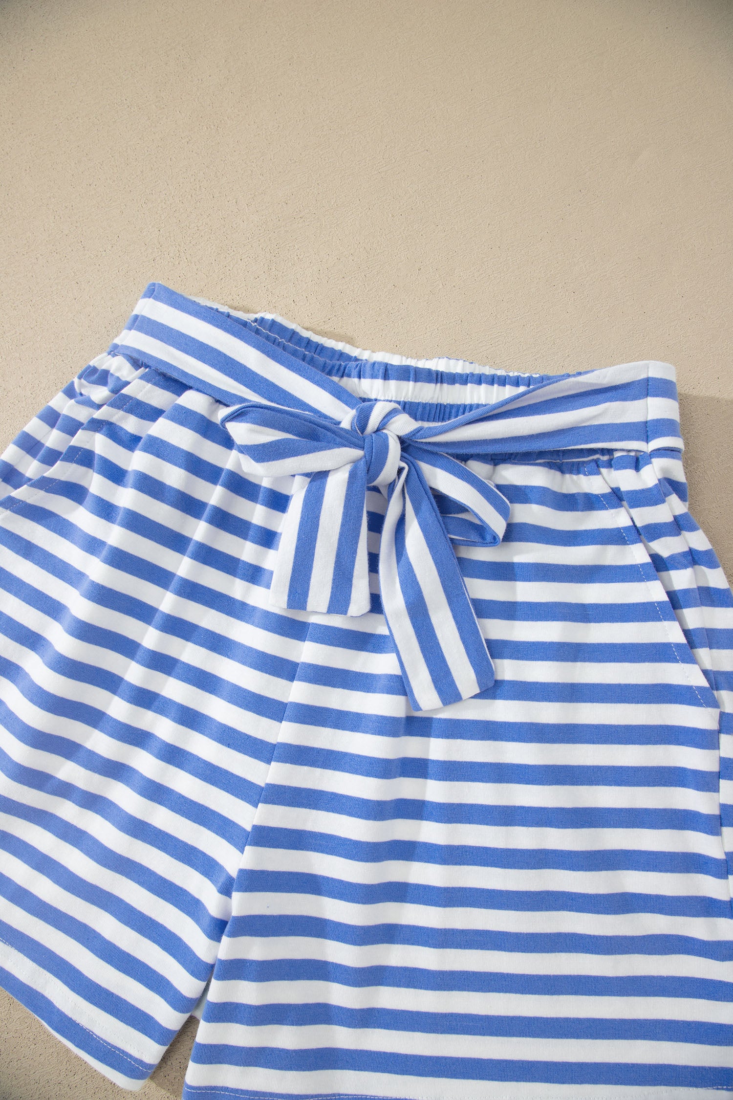 Sky Blue Stripe Contrast Trim Crew Neck Tee & Knot Shorts 2pc Set
