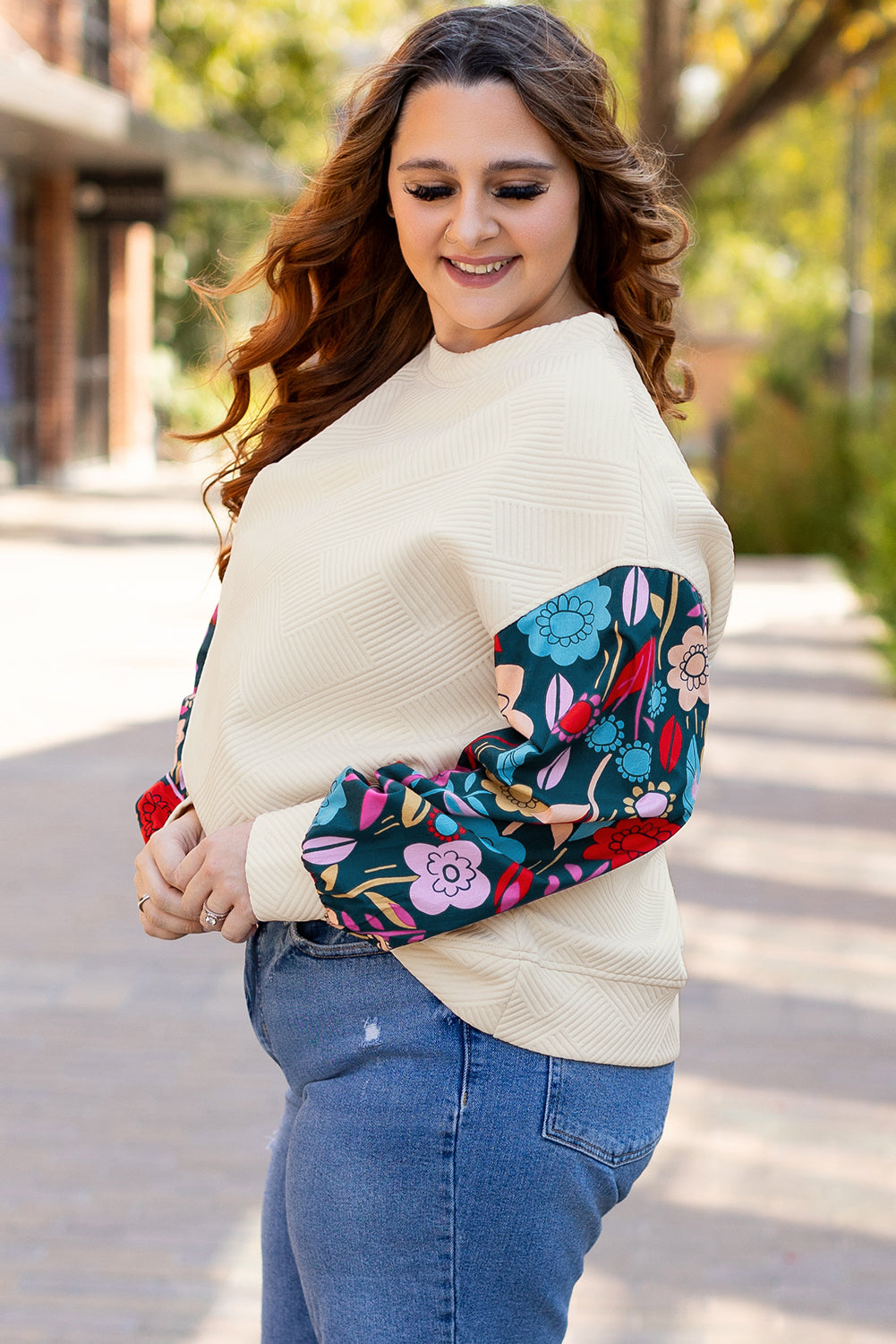 Plus Size White With Floral Patchwork Sleeves Pullover Top