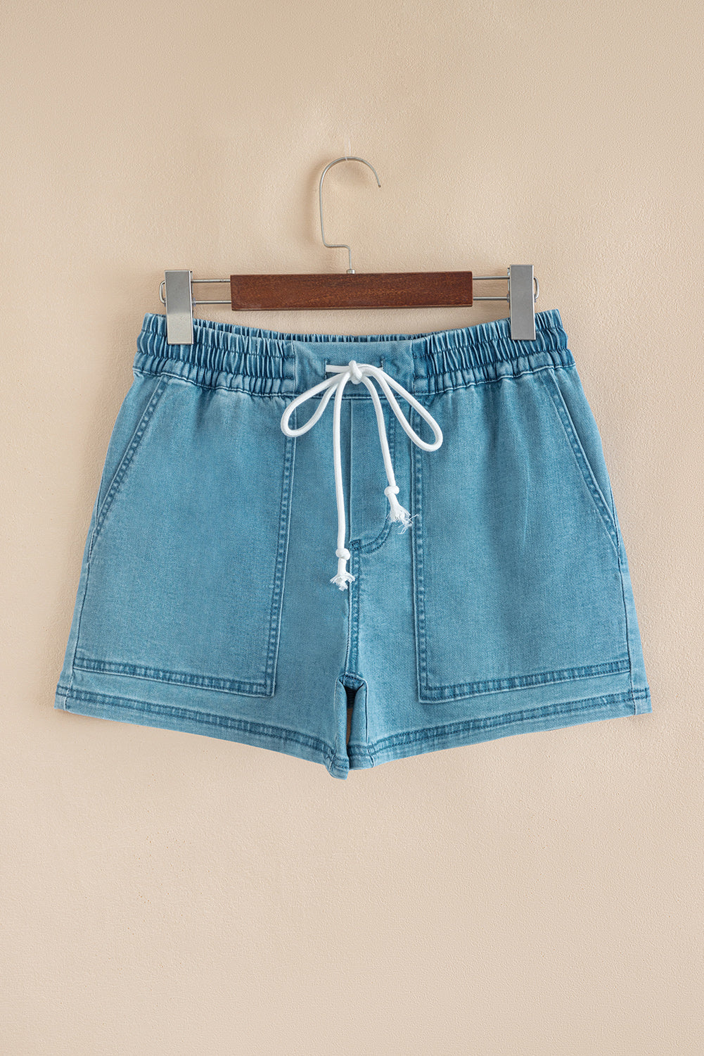 Beau Blue Elastic Waistband Denim Shorts With Drawstring