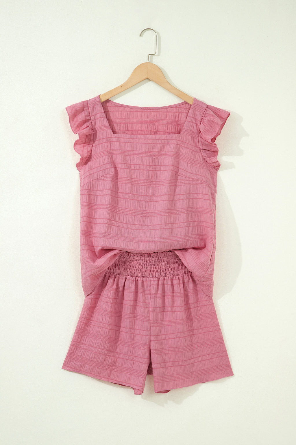 Peach Blossom Textured Square Neck Top & Shirred High Waist Shorts 2 pc Set