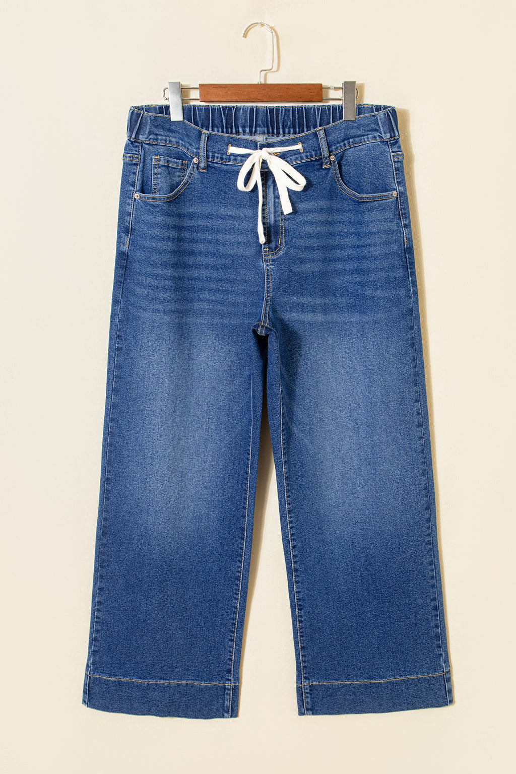 Plus Size Dark Blue Acid Wash Jeans With Drawstring