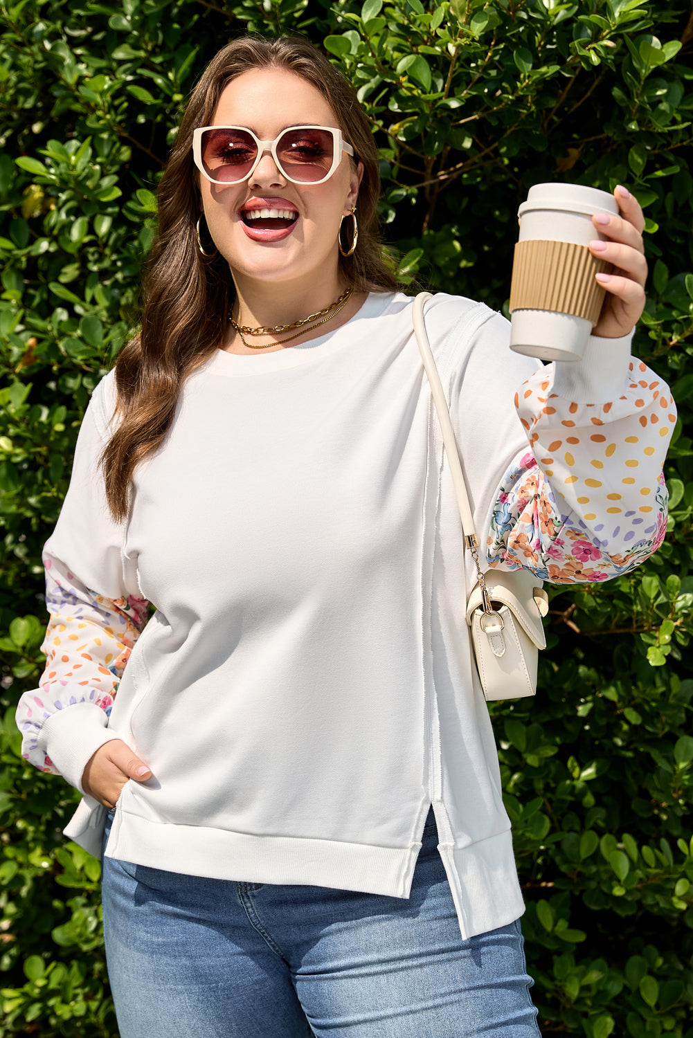 Plus Size White Exposed Seam Sweatshirt With Contrast Dot Floral Patchwork Sleeves