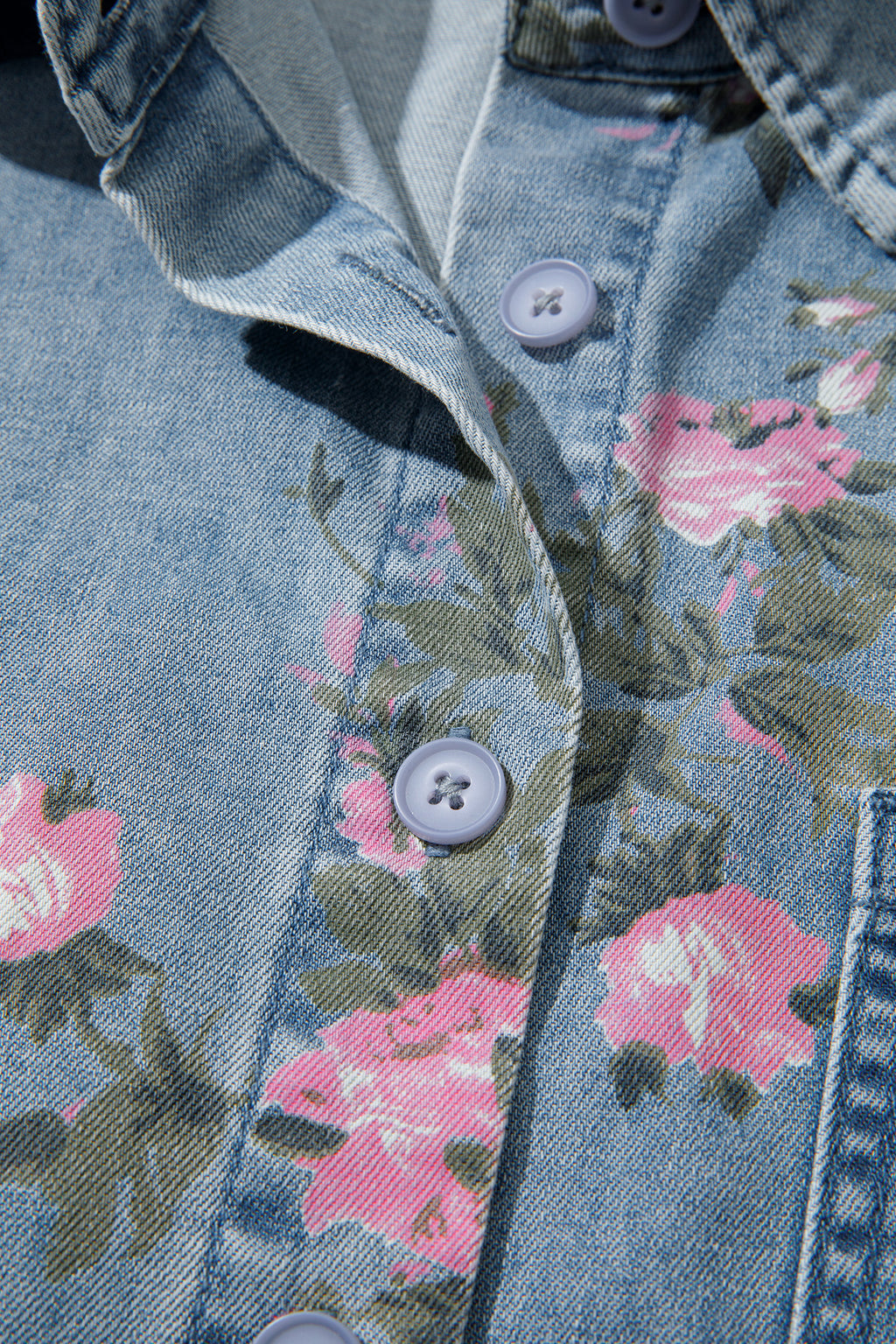 Blue Bracelet Sleeve Denim Floral Print Shirt