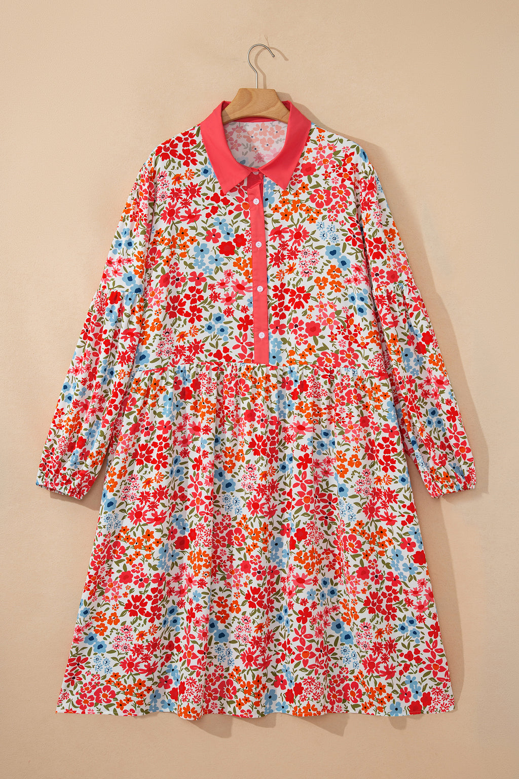 Plus Size Pink Button V-Neck Floral Print Puff Sleeve Loose Mini Dress