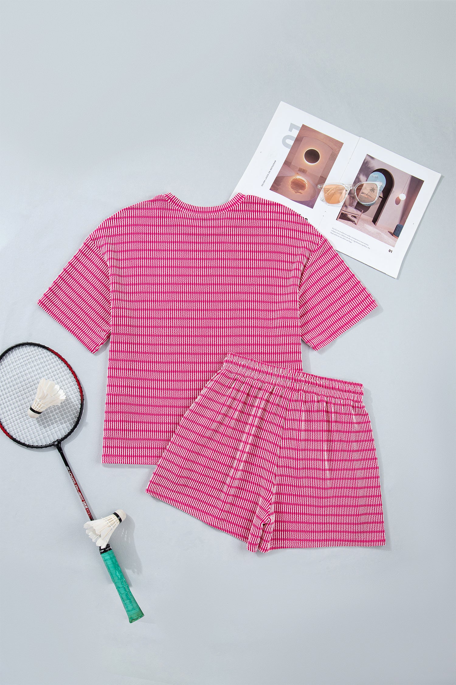 Rose Stripe Ribbed Loose Tee & Drawstring Elastic Waist Short Set