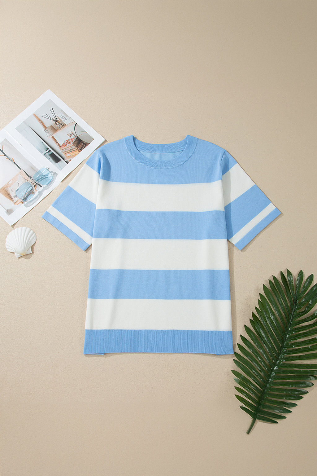 Plus Size Sky Blue Stripe Short Sleeve Sweater