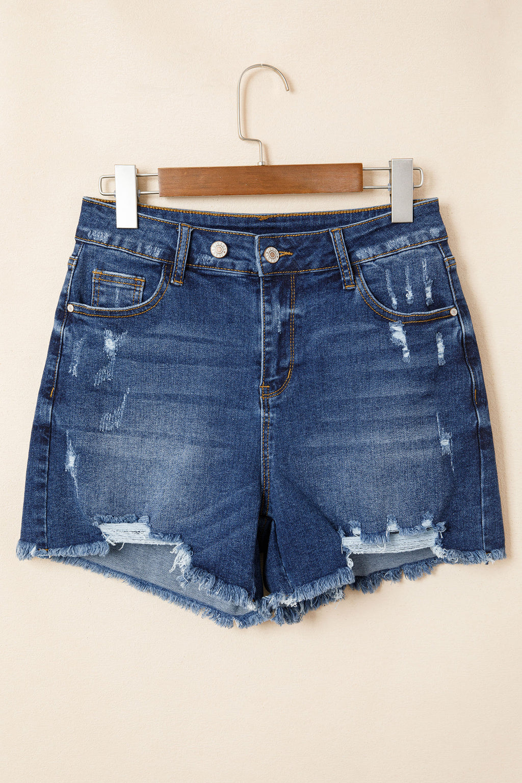 Distressed Whiskery Denim Shorts With Asymmetric Raw Hem