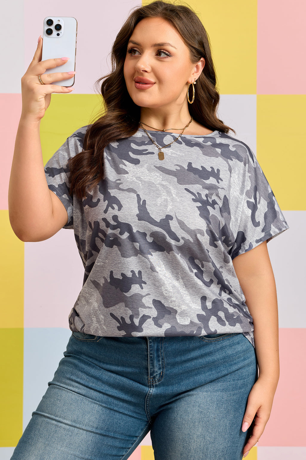 Plus Size Gray Camo Print Casual Tee