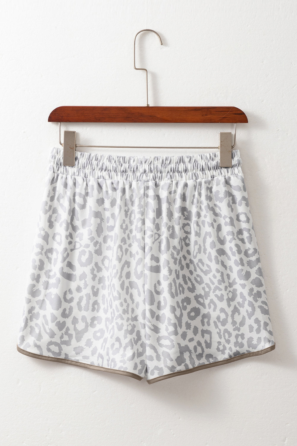 White Leopard Print With Contrast Trim & Elastic Waistband Casual Shorts