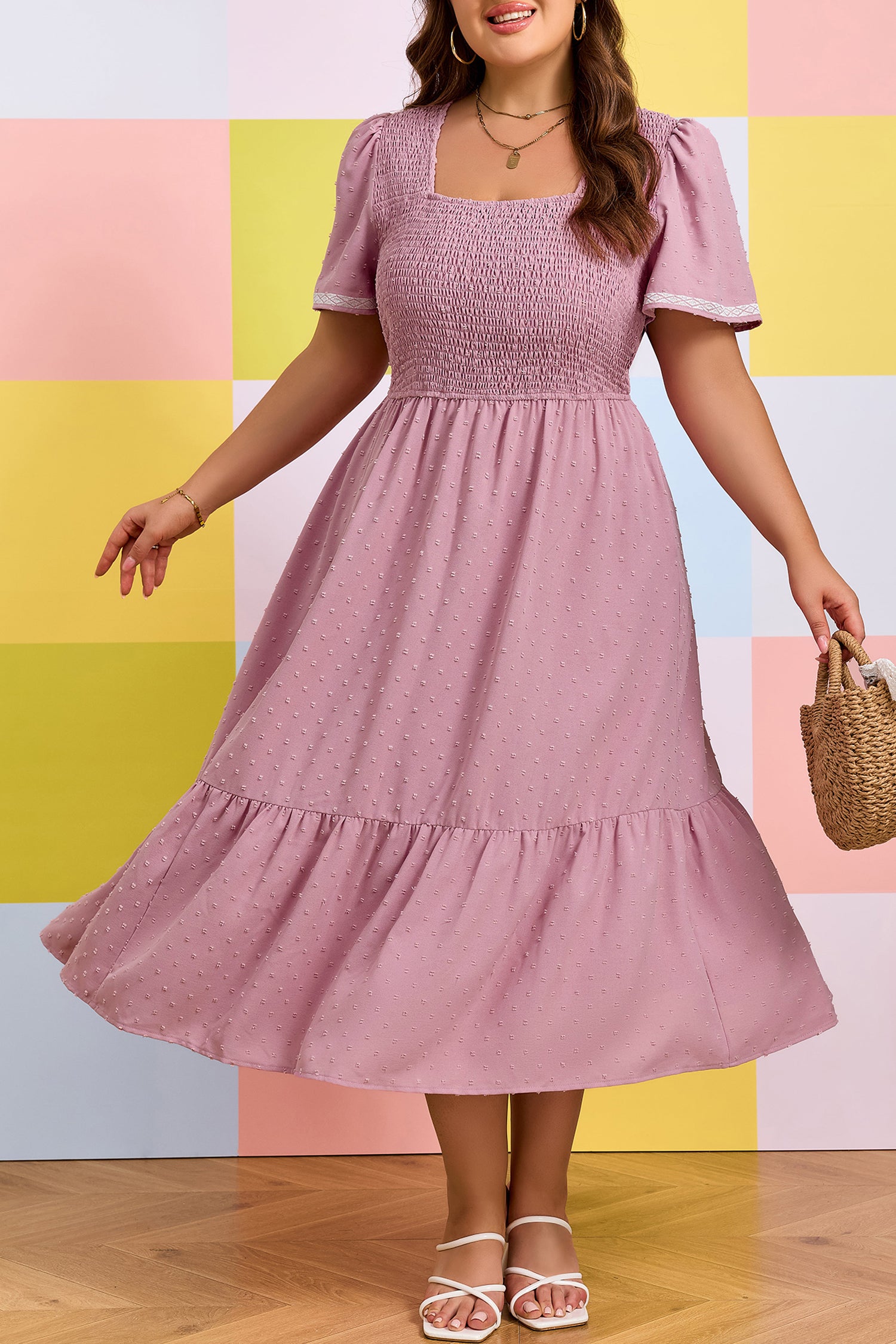 Plus Size Pink Swiss Dot Flowy Midi Dress With Short Sleeves & Smocked High Waist