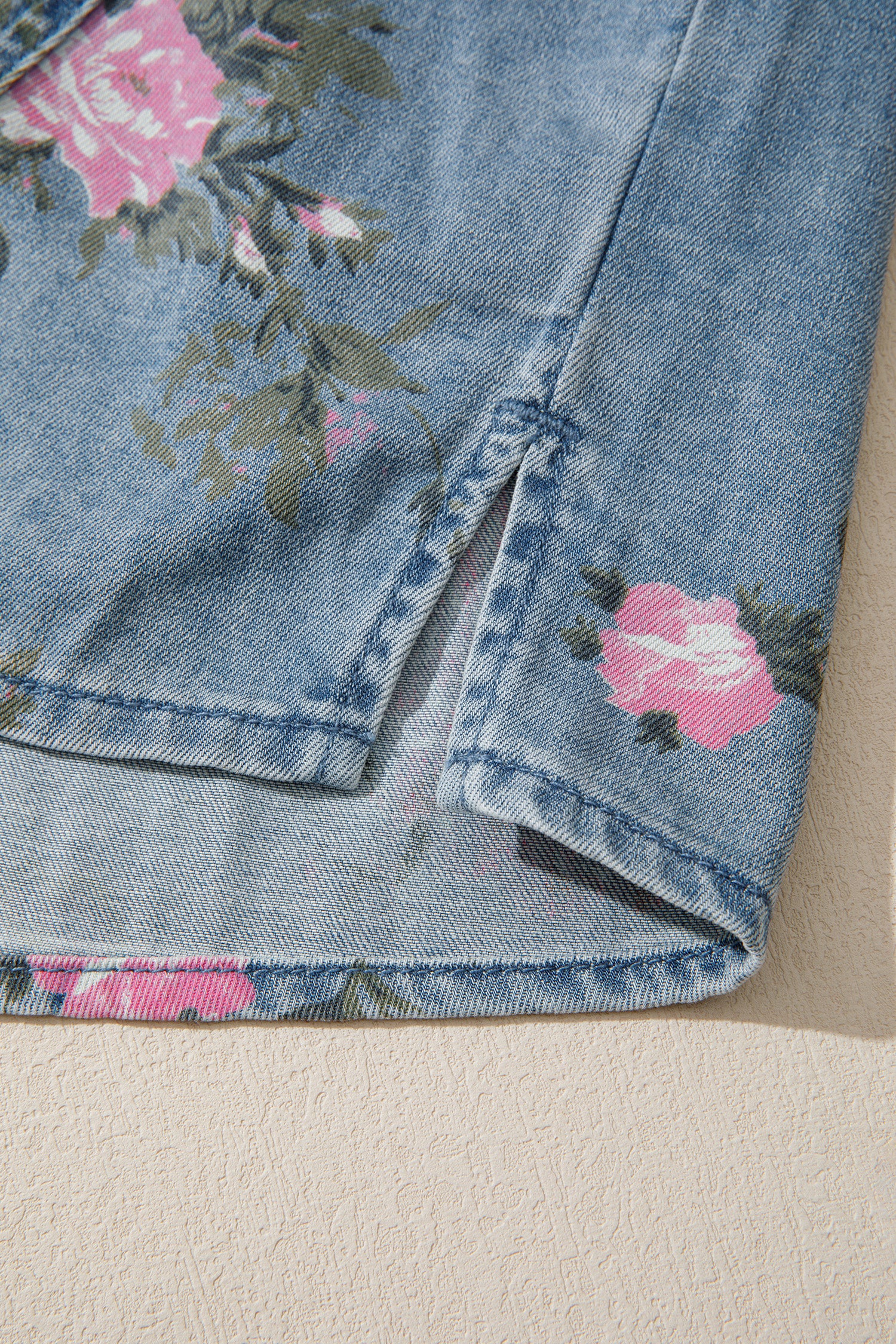 Blue Bracelet Sleeve Denim Floral Print Shirt