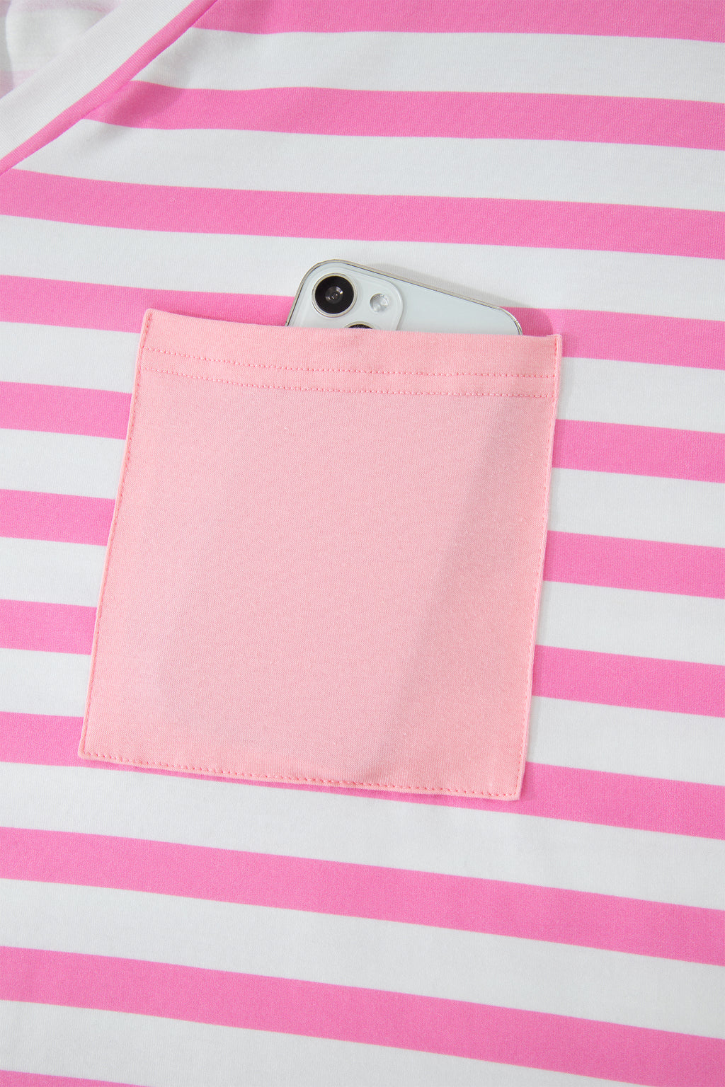 Plus Size Pink Stripe Colorblock Patched Pocket V Neck Tee