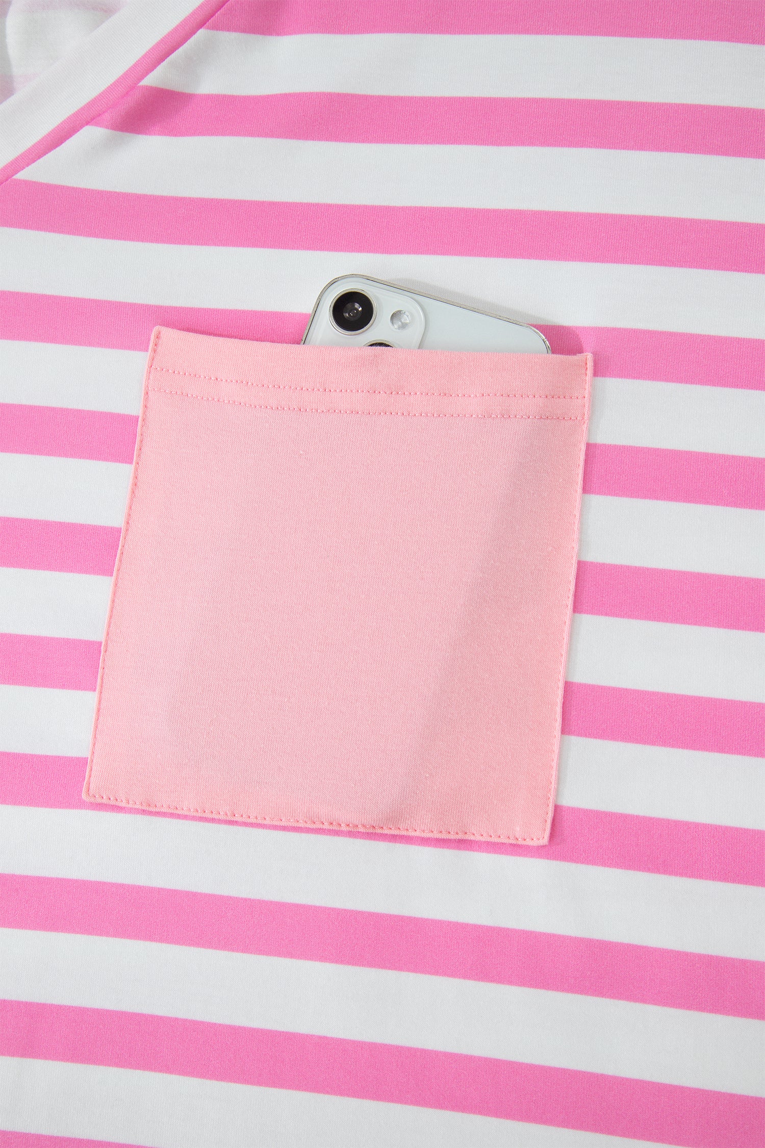 Plus Size Pink Stripe Colorblock Patched Pocket V Neck Tee