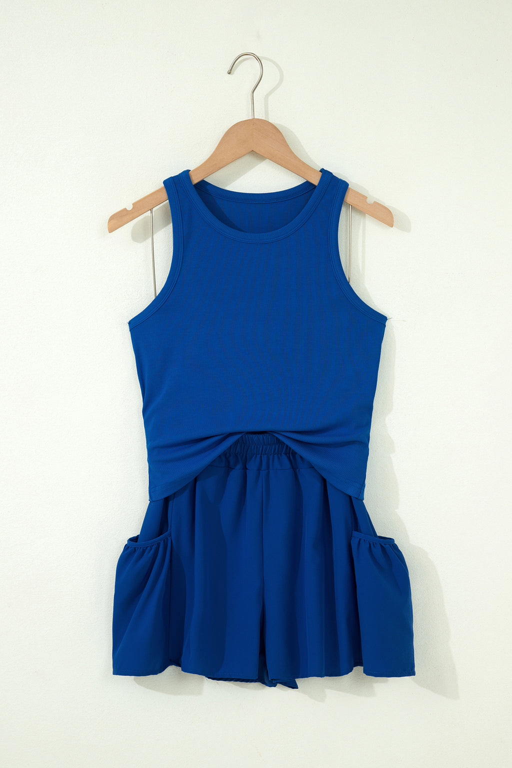 Dark Blue Ribbed Slim Tank & Pocketed Wide Leg Shorts 2pc Set