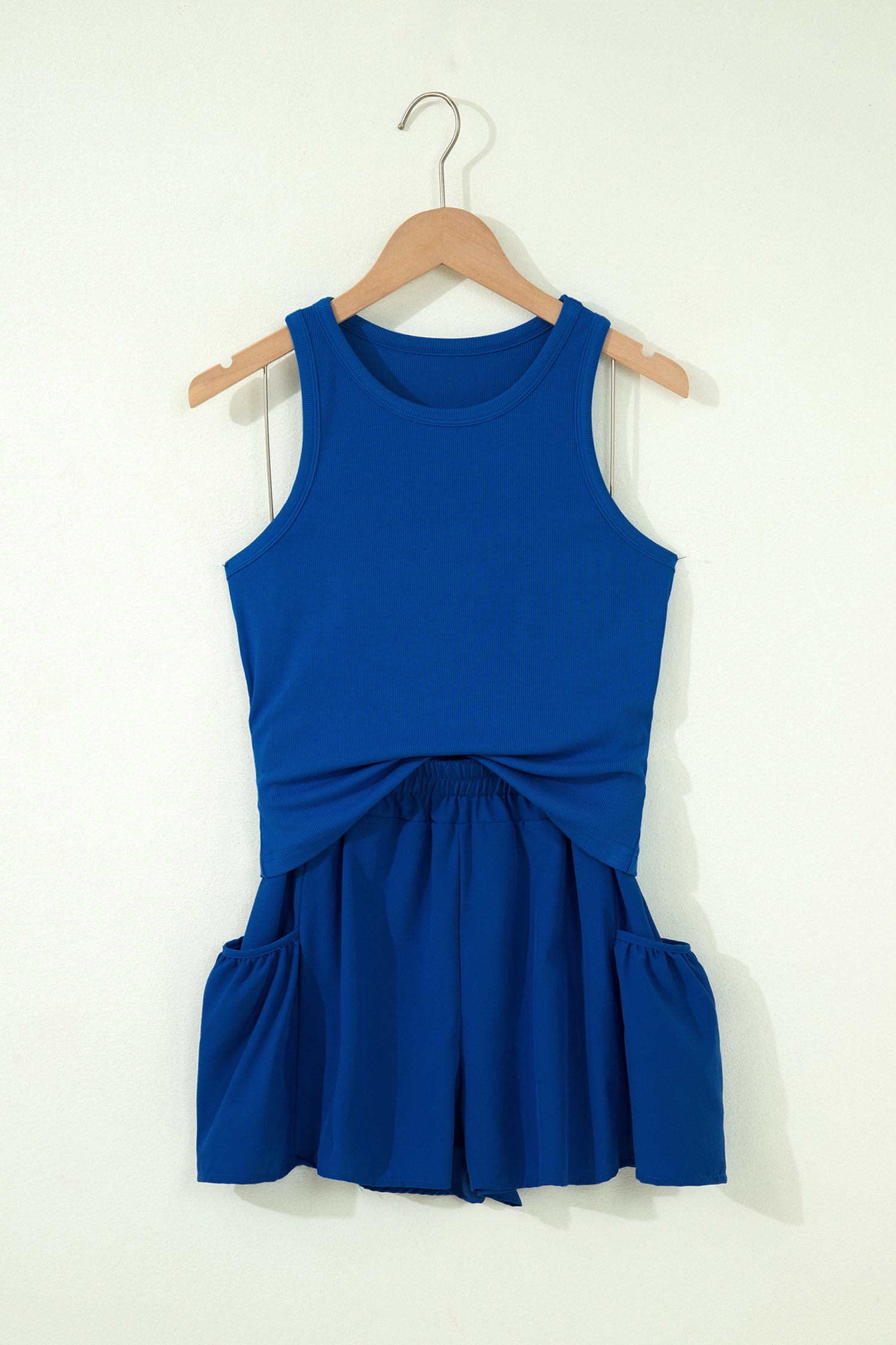 Dark Blue Ribbed Slim Tank & Pocketed Wide Leg Shorts 2pc Set