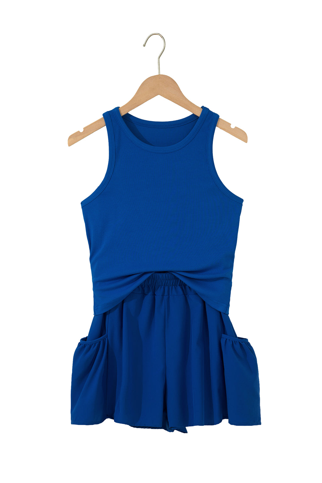 Dark Blue Ribbed Slim Tank & Pocketed Wide Leg Shorts 2pc Set