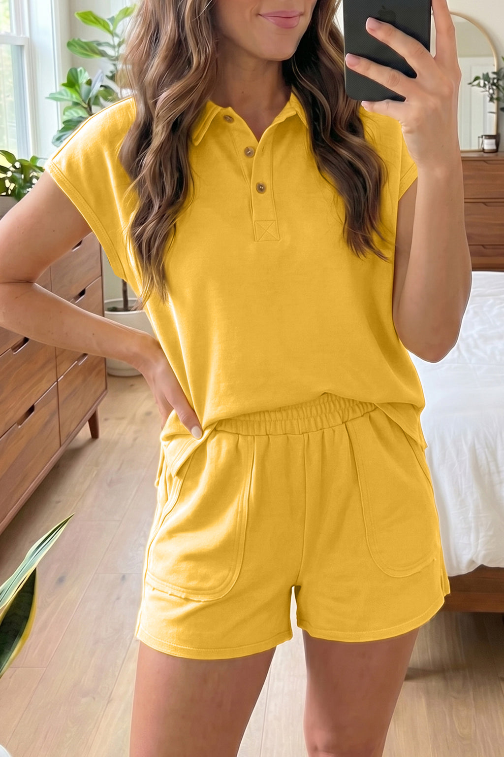 Banana Cream Loose Polo Tee & Elastic Waist Shorts Set