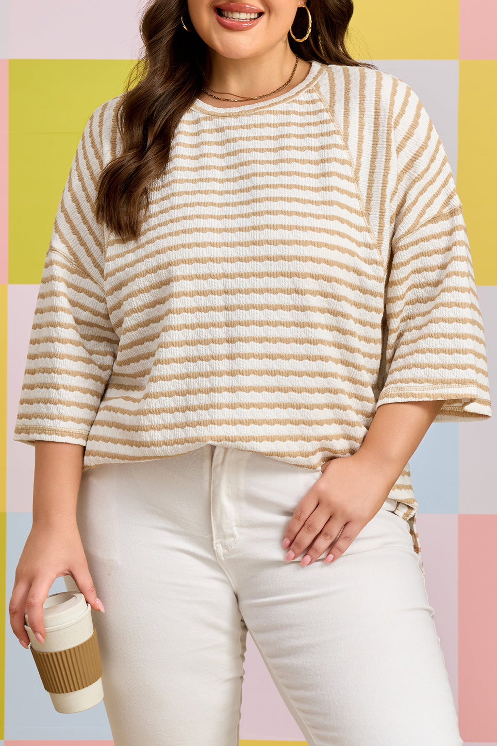 Plus Size Apricot Stripe Textured Patchwork Detail Half Sleeve Top