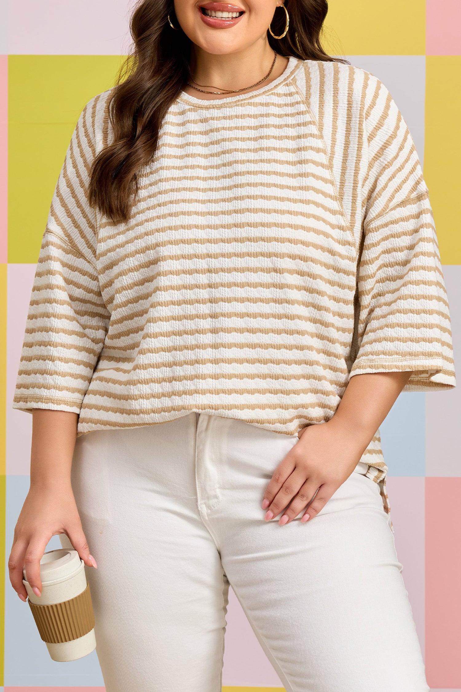 Plus Size Apricot Stripe Textured Patchwork Detail Half Sleeve Top