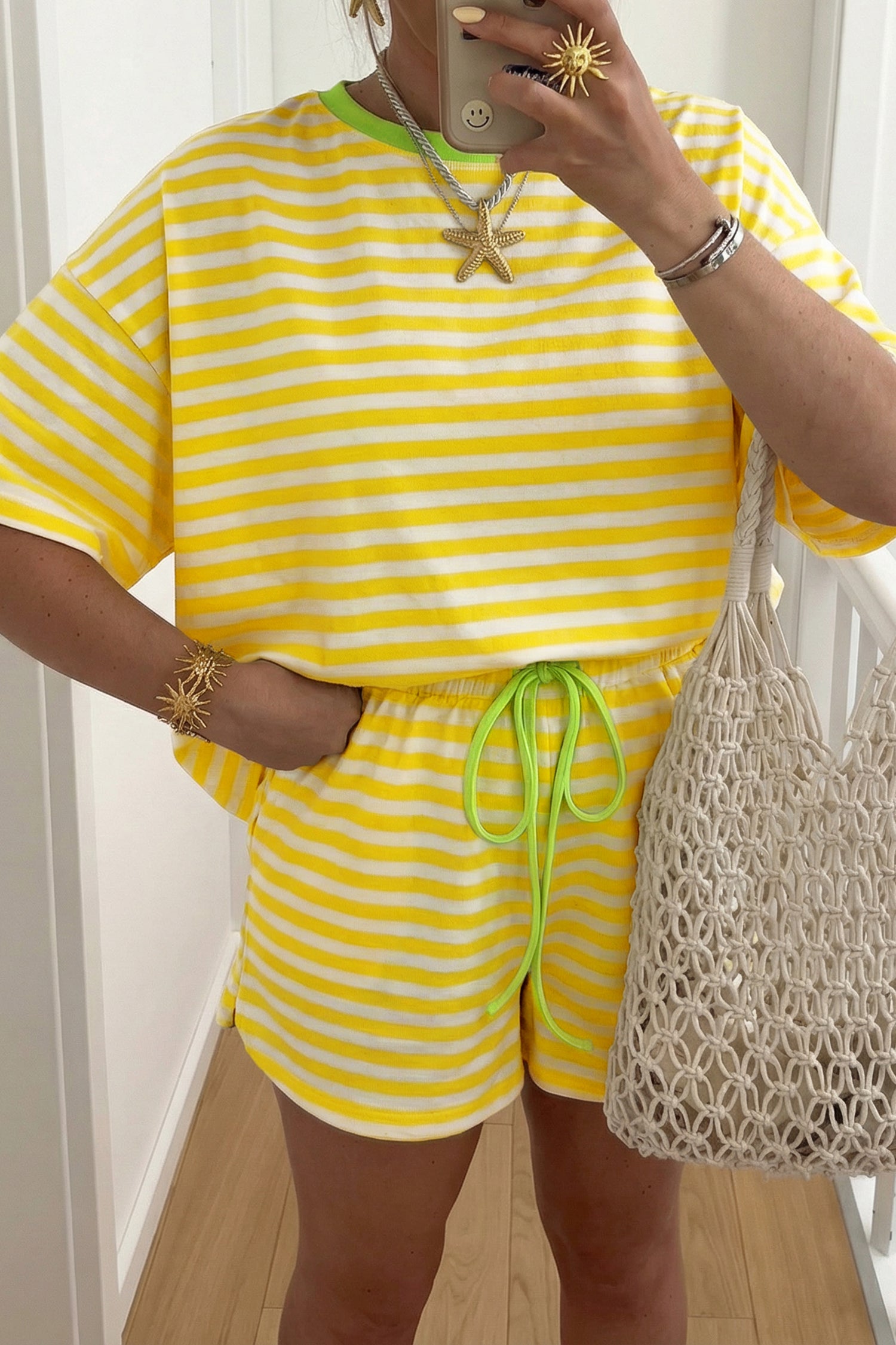 Yellow Stripe Loose Tee and Drawstring Shorts Set