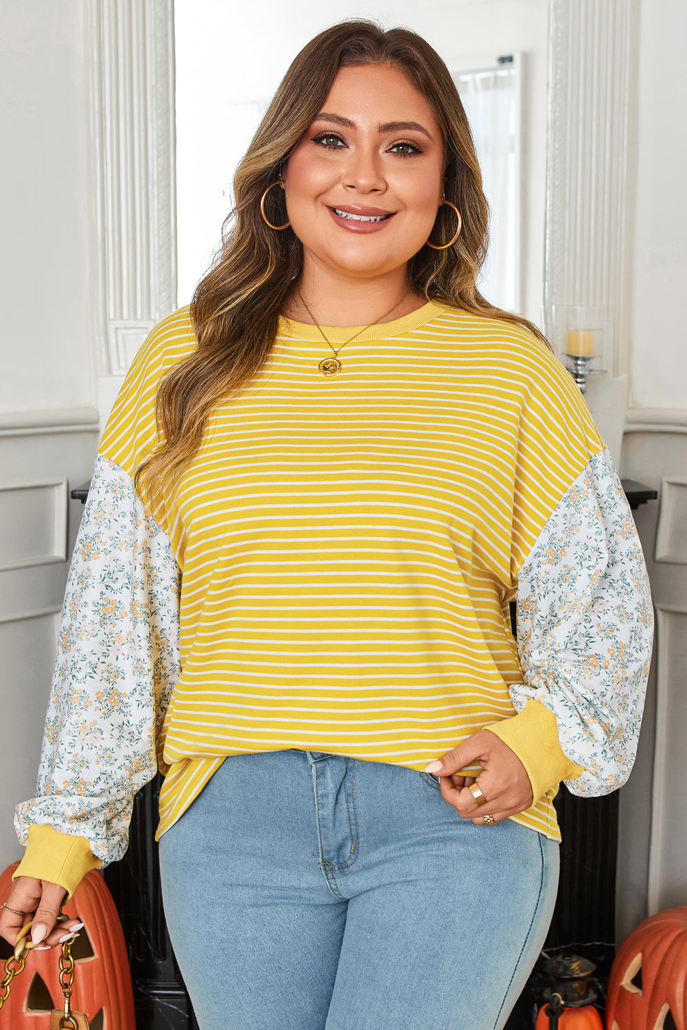 Plus Size Yellow Stripe Patchwork Top With Contrast Floral Sleeves