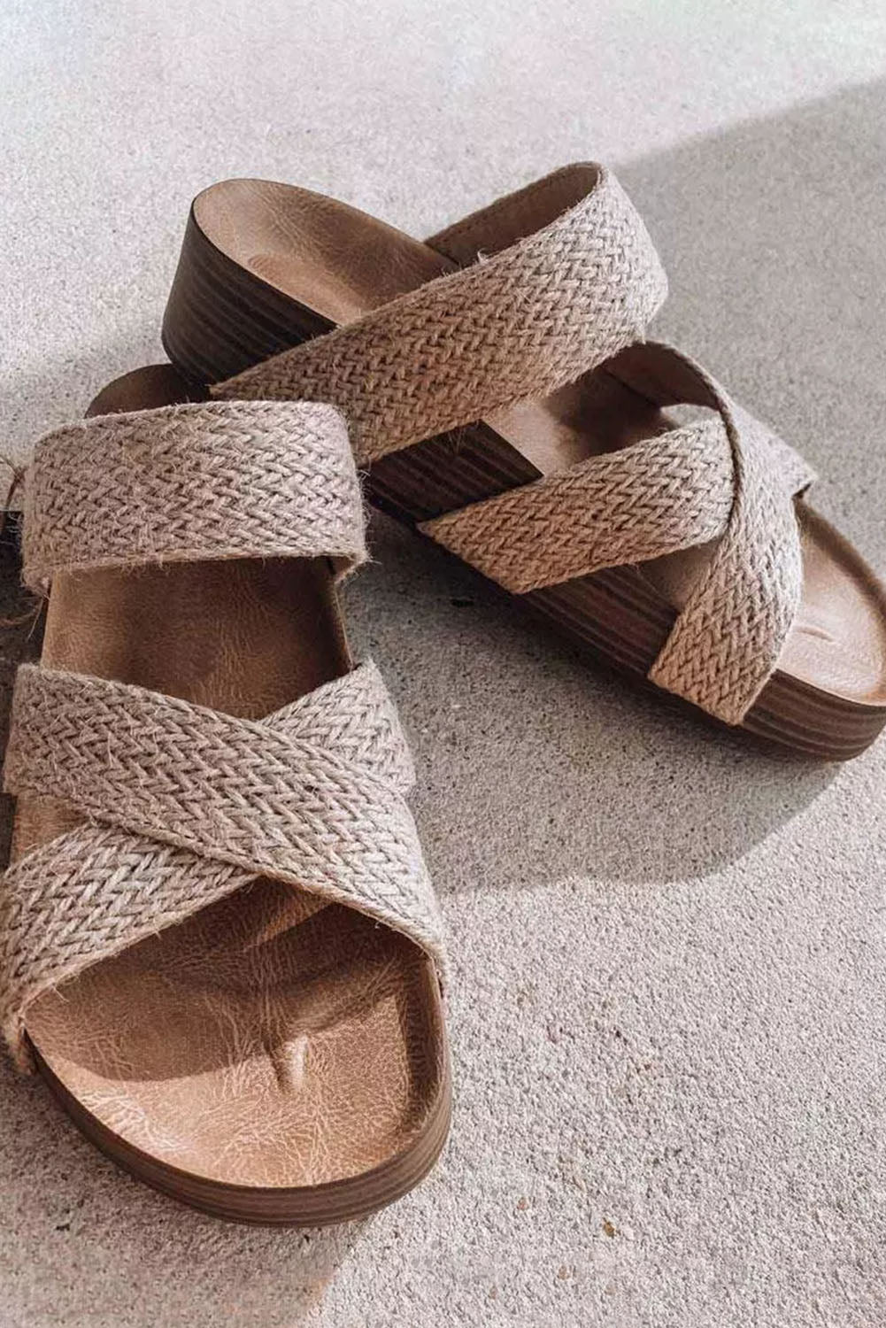 Beige Woven Criss Cross Hollowed Slip-On Slippers