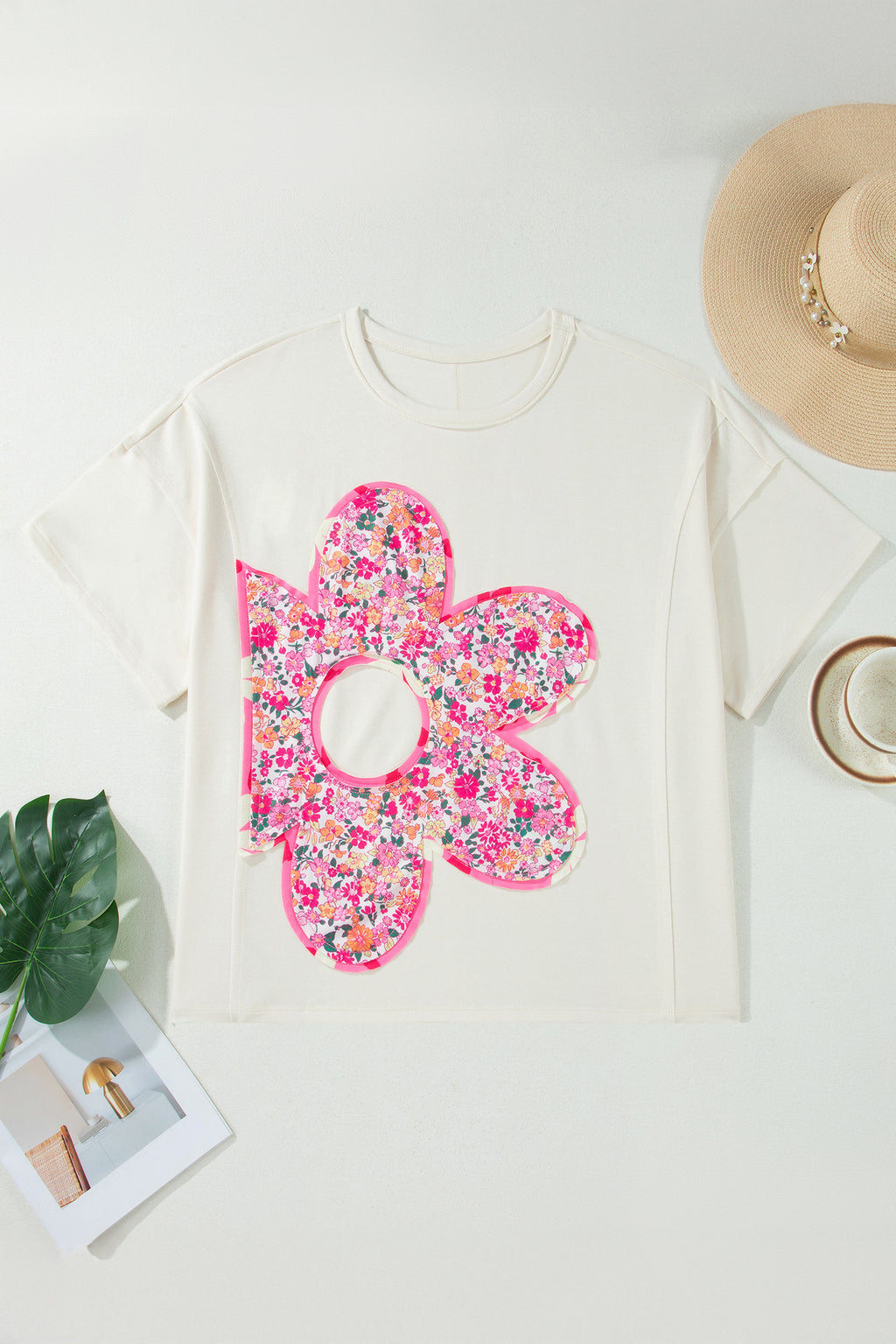 Plus Size Big Flower Patched Tunic Tee