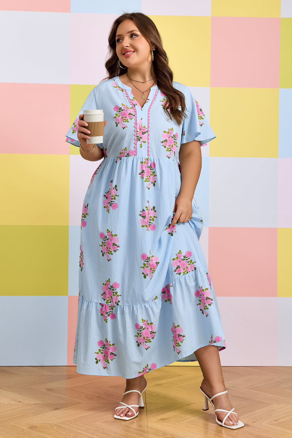 Plus Size Sky Blue Floral Print V-neck Dress With Scalloped Trim