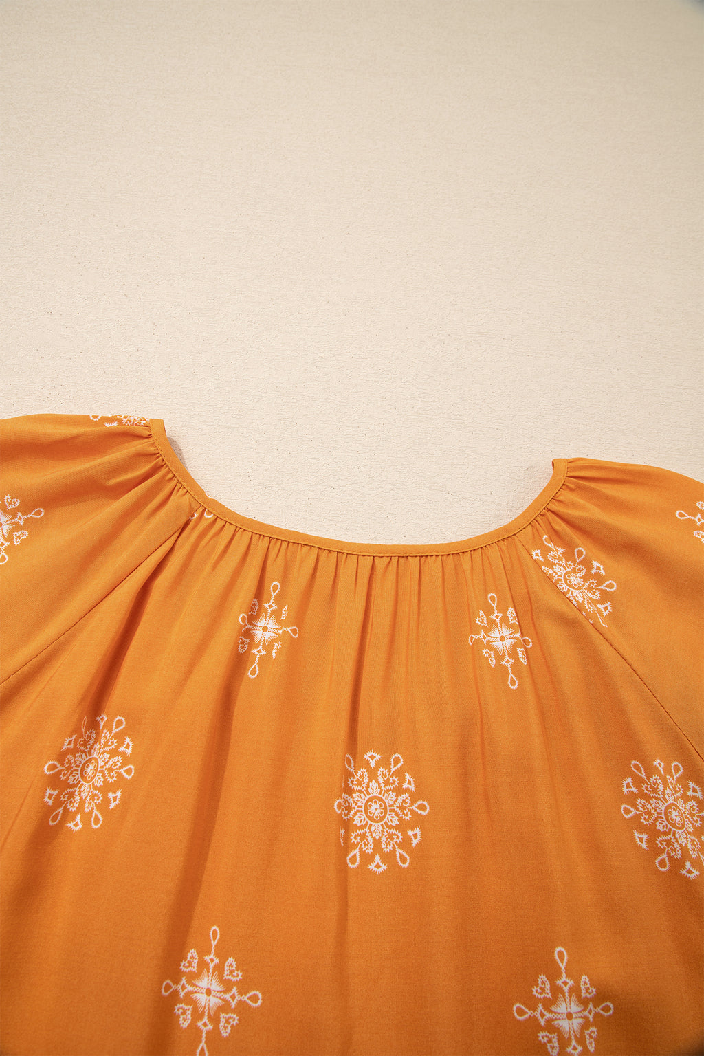 Plus Size Yellow Boho Chic V-Neck Floral Short Sleeve Top