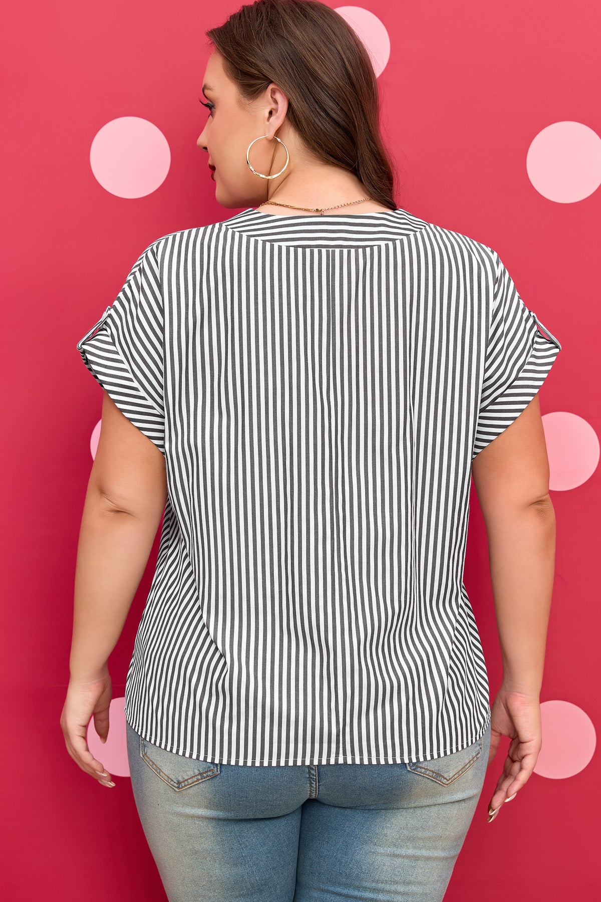 Plus Size Black Stripe Short Dolman Sleeve V Neck Roll-tab Blouse