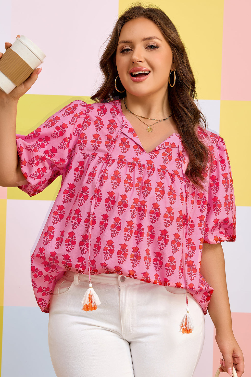 Plus size Pink Floral Print Cotton Blouse with Tassel Tie & Puff Sleeves